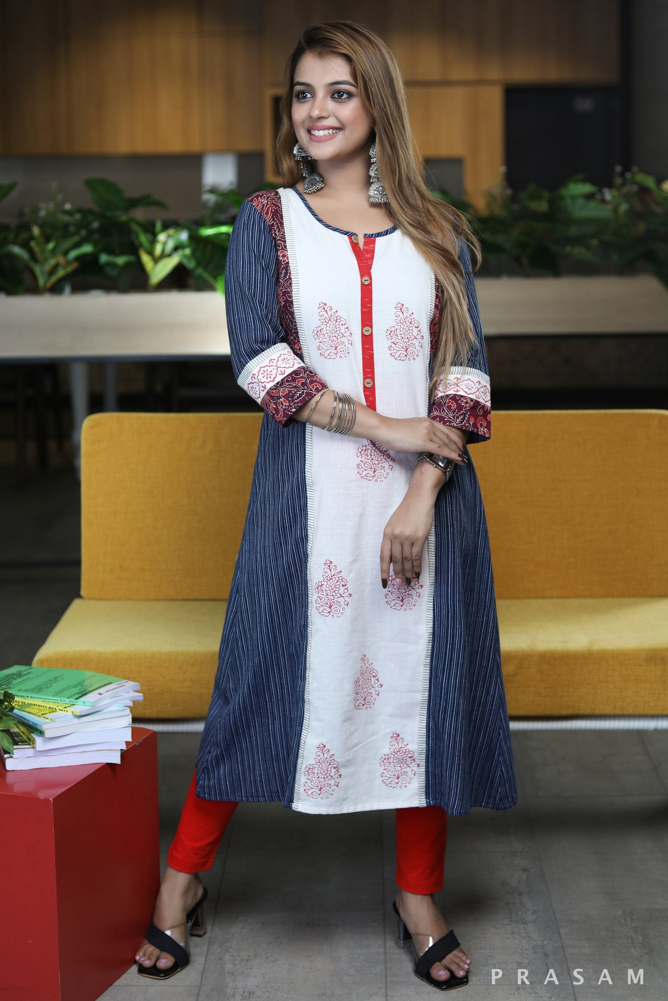 Fusion Flirt striped blue kurta with maroon printed trim and white block print centre panel detail