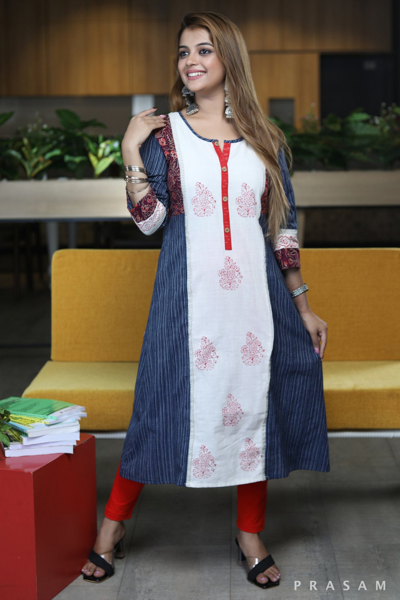 Fusion Flirt striped blue kurta with maroon printed trim and white block print centre panel detail