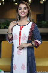 Fusion Flirt striped blue kurta with maroon printed trim and white block print centre panel detail