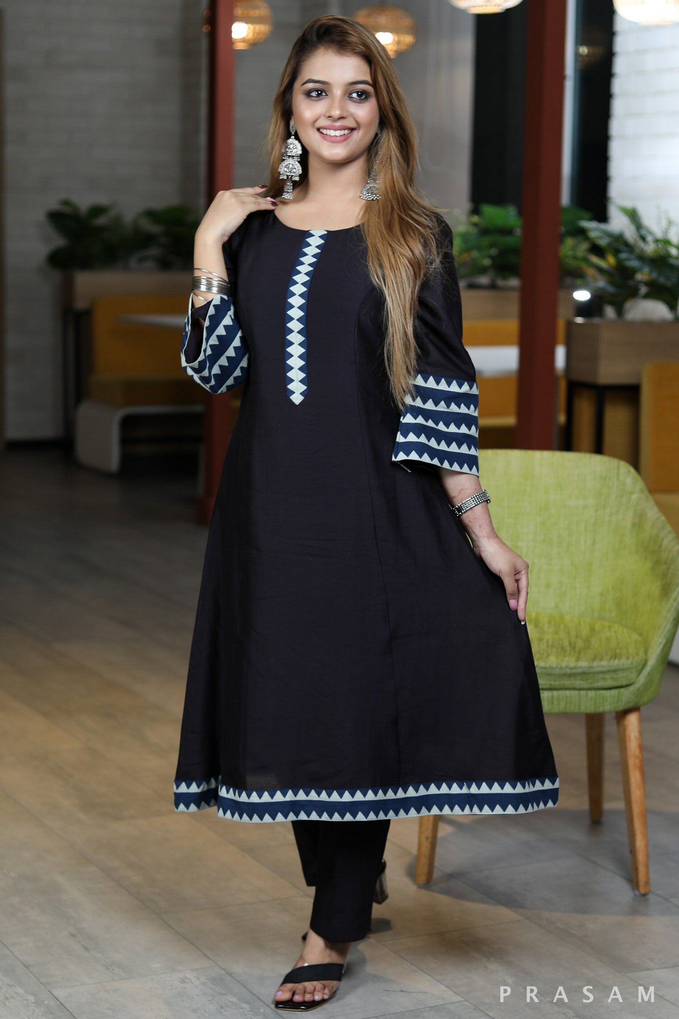 Night Blooming Dale sophisticated black chanderi silk kurta with ajrakh detalings pant optional