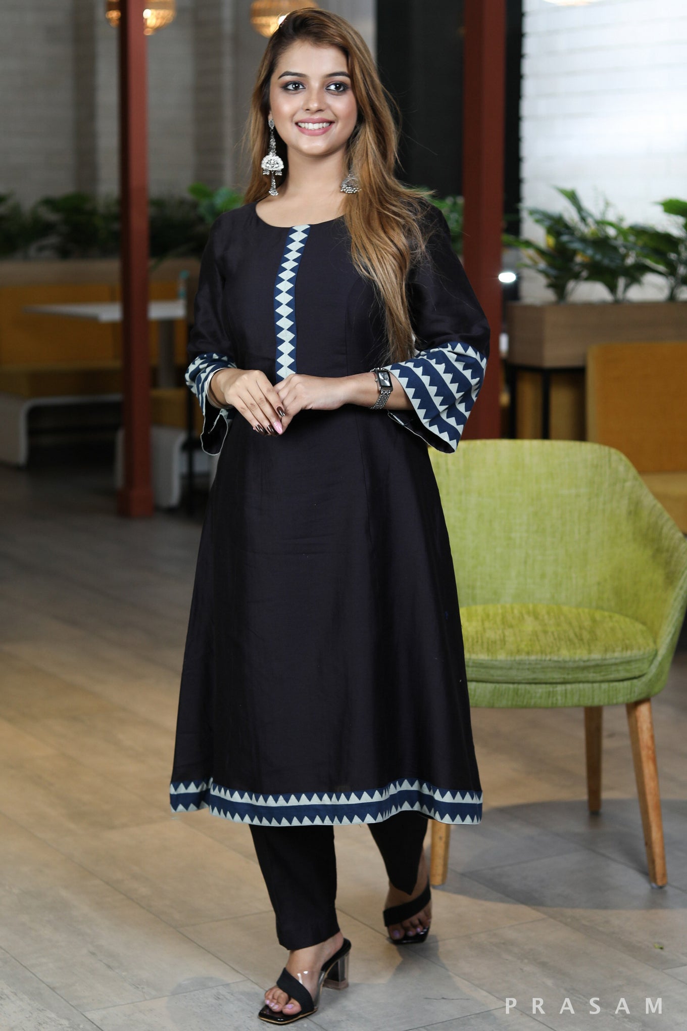 Night Blooming Dale sophisticated black chanderi silk kurta with ajrakh detalings pant optional