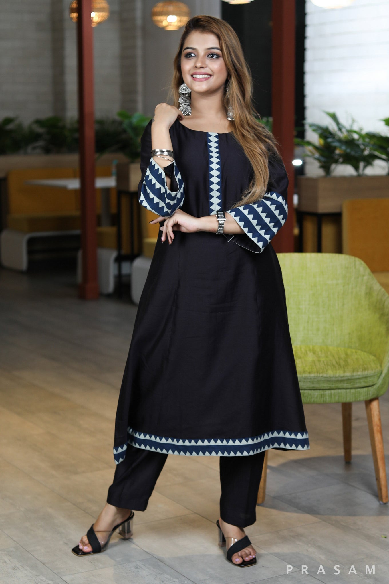 Night Blooming Dale sophisticated black chanderi silk kurta with ajrakh detalings pant optional