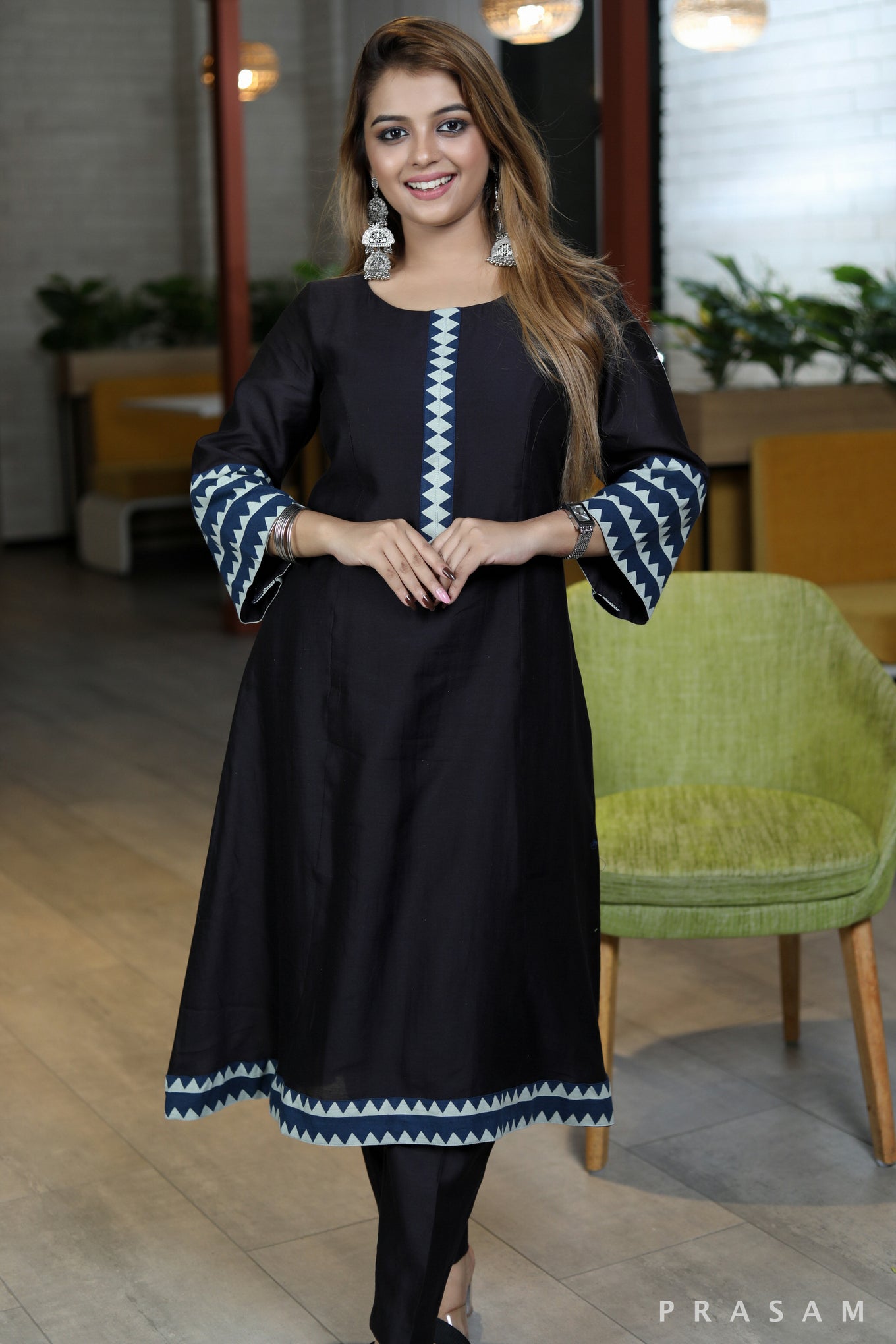 Night Blooming Dale sophisticated black chanderi silk kurta with ajrakh detalings pant optional