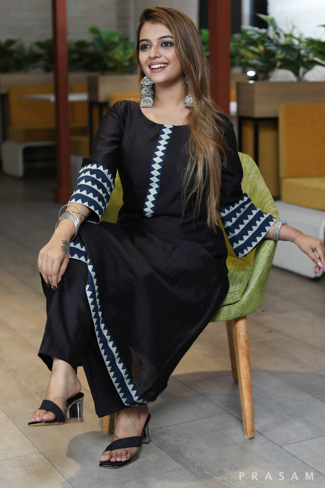 Night Blooming Dale sophisticated black chanderi silk kurta with ajrakh detalings pant optional