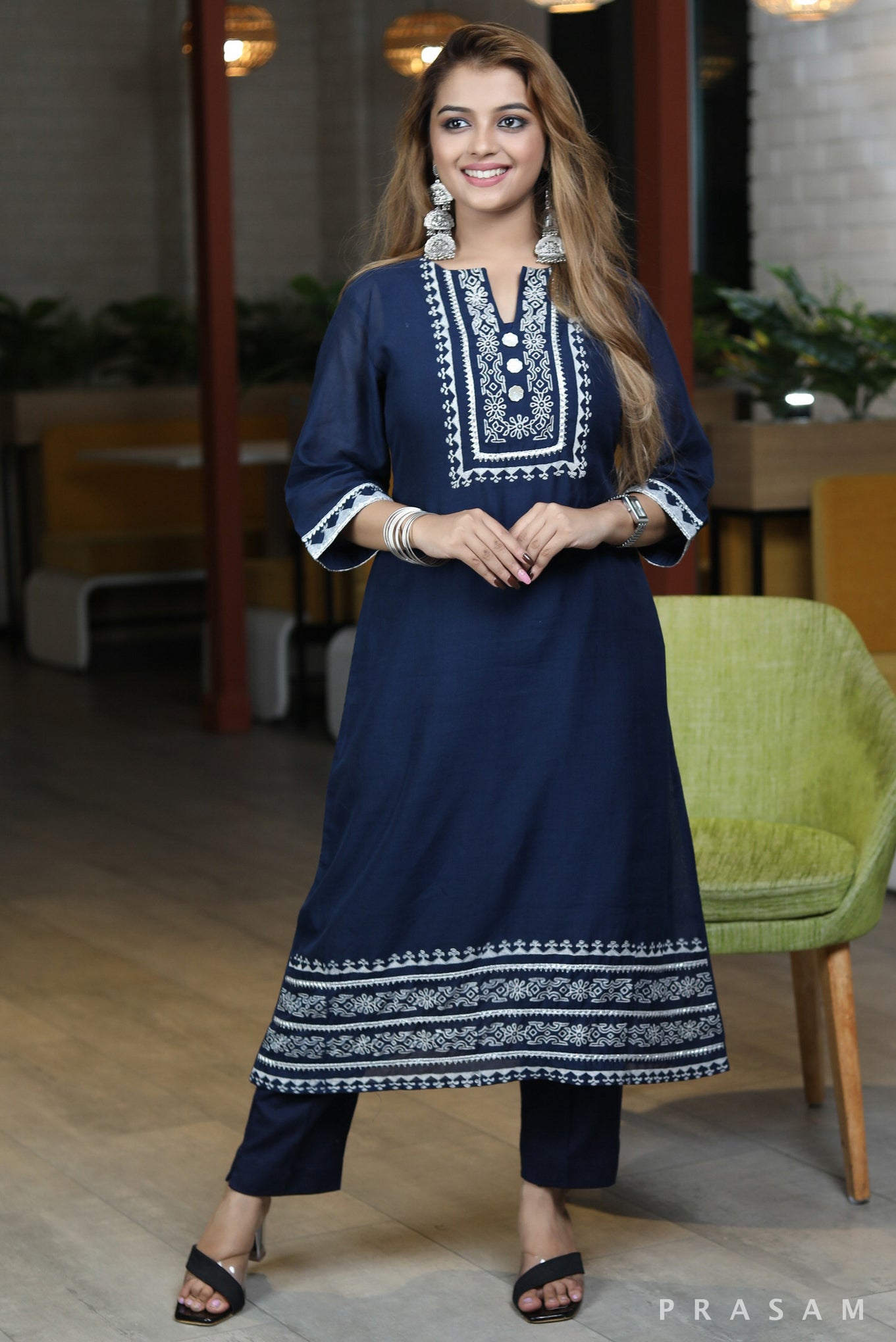 Blue Silk Saga navvy blue chanderi silk kurta set with white blockprint design and silver trim