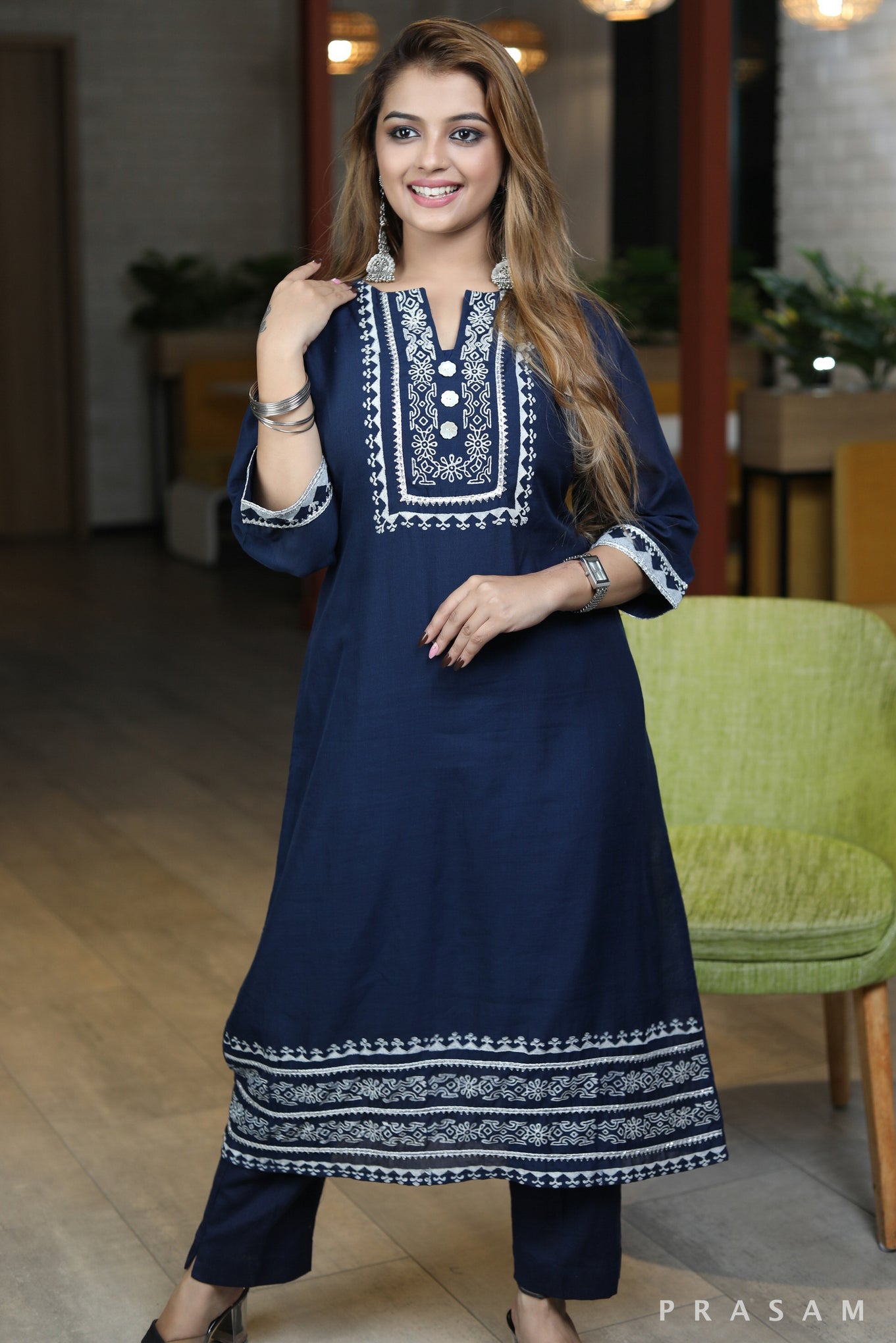 Blue Silk Saga navvy blue chanderi silk kurta set with white blockprint design and silver trim