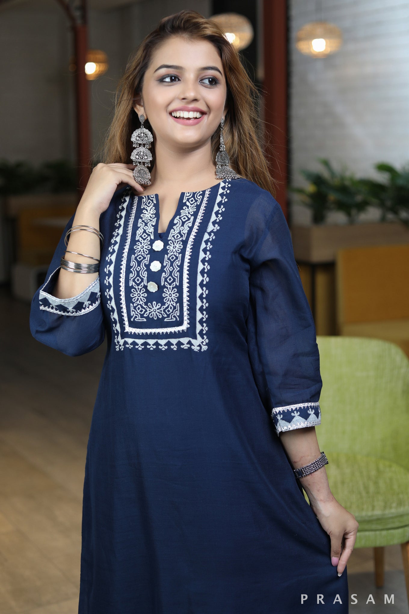 Blue Silk Saga navvy blue chanderi silk kurta set with white blockprint design and silver trim