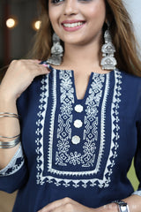 Blue Silk Saga navvy blue chanderi silk kurta set with white blockprint design and silver trim