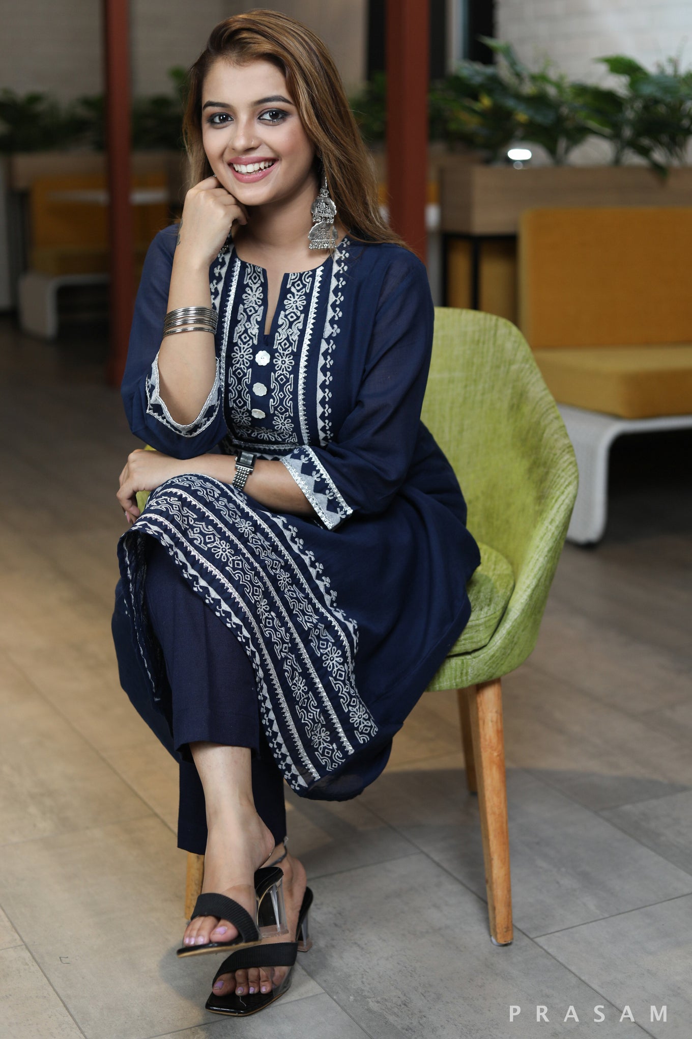 Blue Silk Saga navvy blue chanderi silk kurta set with white blockprint design and silver trim