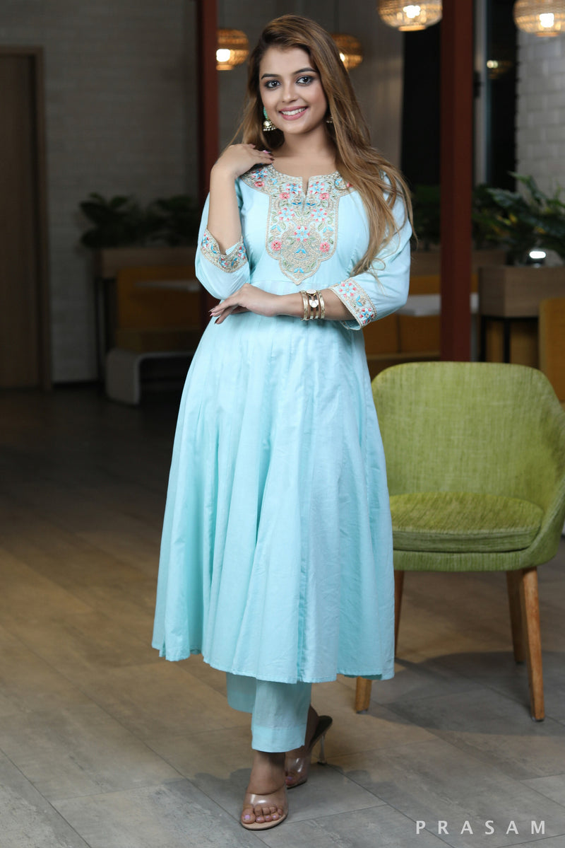 Majestic Mughal exclusive powder blue cotton mul kalidar kurta pant set with elegant embroidery patch