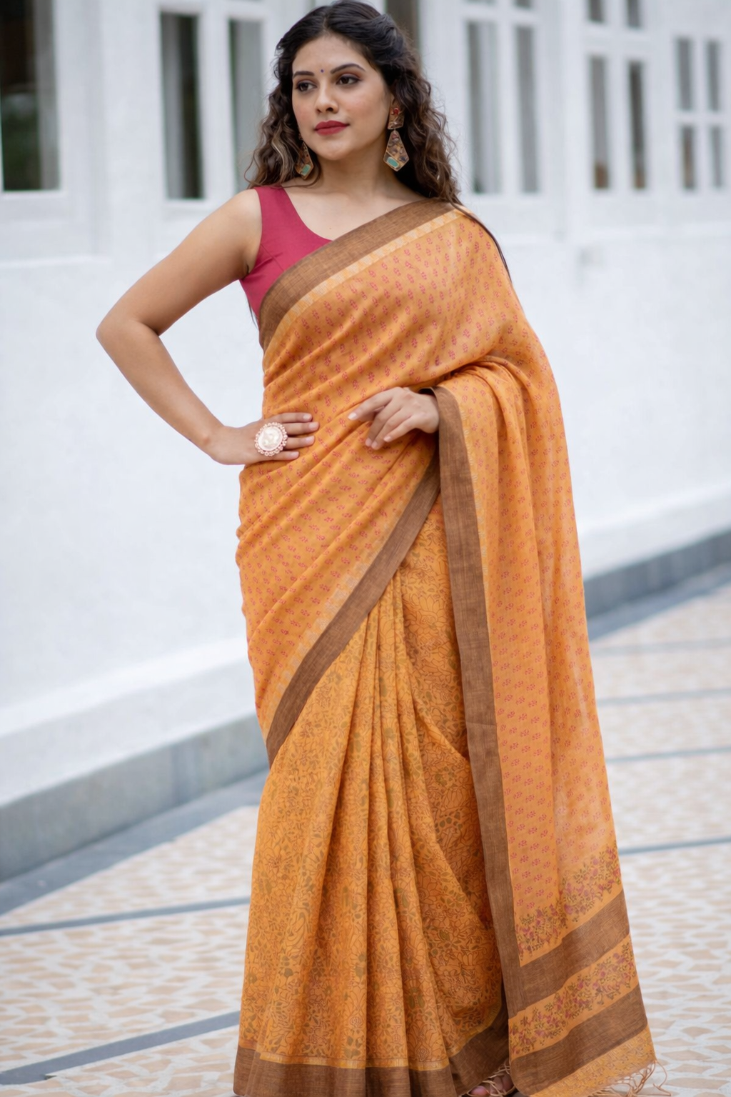 Summer Sunset Linen Hand Block Print Saree
