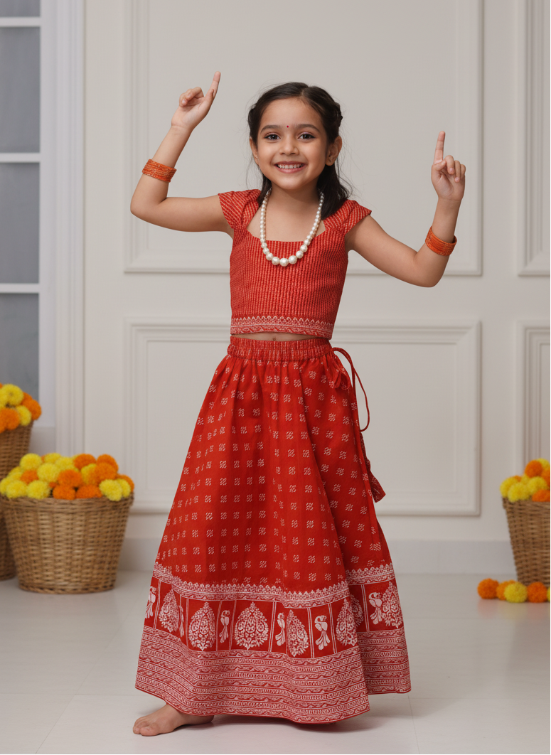 Let her dazzle in comfort and style with our hand block printed Chanderi top &amp; skirt set. ✨
Soft, breathable, and festive — blending pure craftsmanship with a touch of traditional charm for celebrations and special occasions.