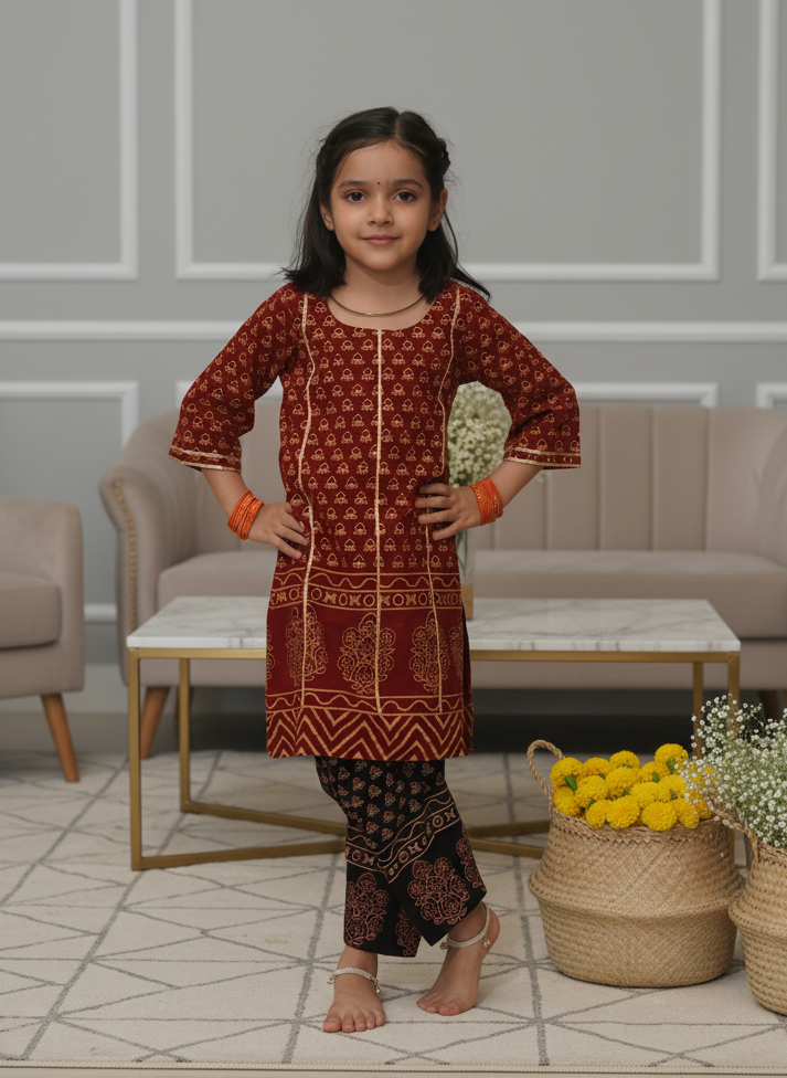 Let her radiate grace in our handcrafted Ajrakh cotton kurta &amp; trouser set, adorned with delicate gota details. ✨
Soft, airy &amp; festive — designed for pure comfort and timeless charm, perfect for celebrations or special occasions.