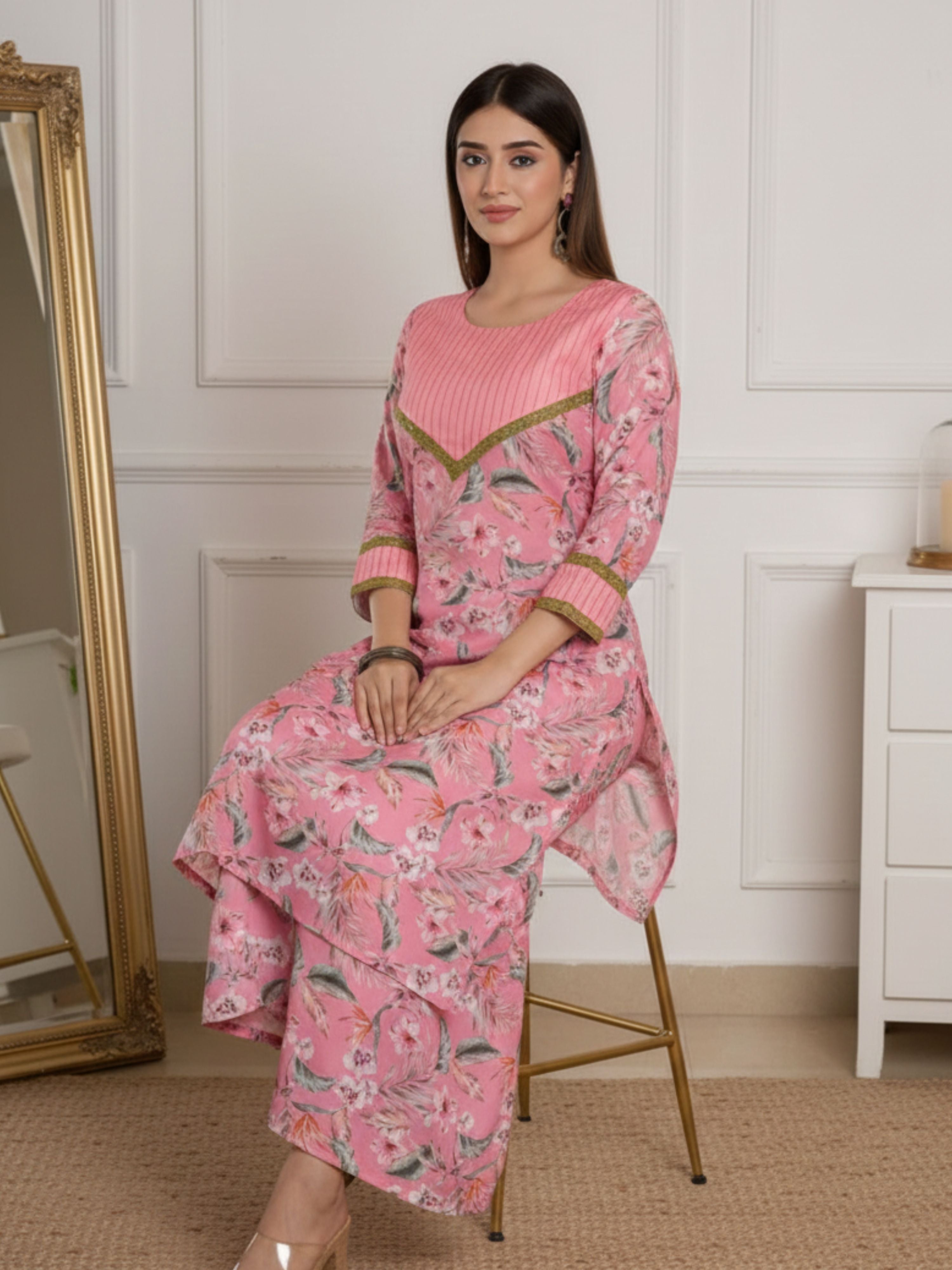 Pinksicle Delight Printed Muslin Co-ord Set with Green Lace and Stitch Lines on Neck and Sleeves