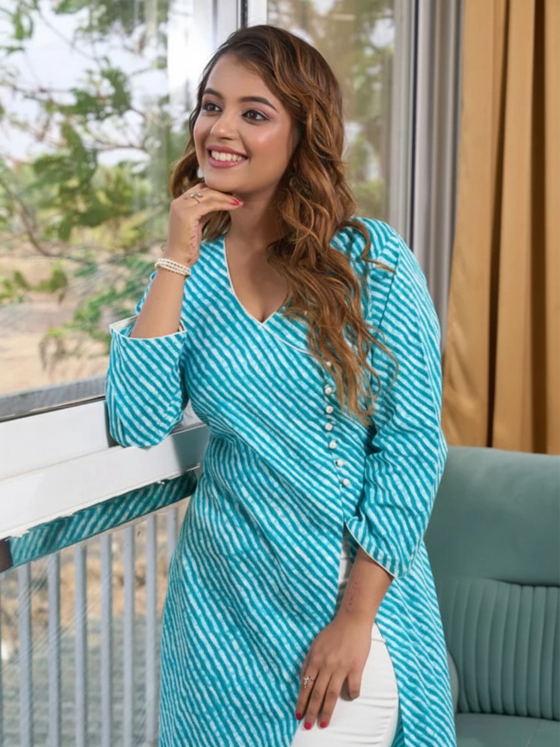 Blue Leheriya Breeze Side-Slit Kurti