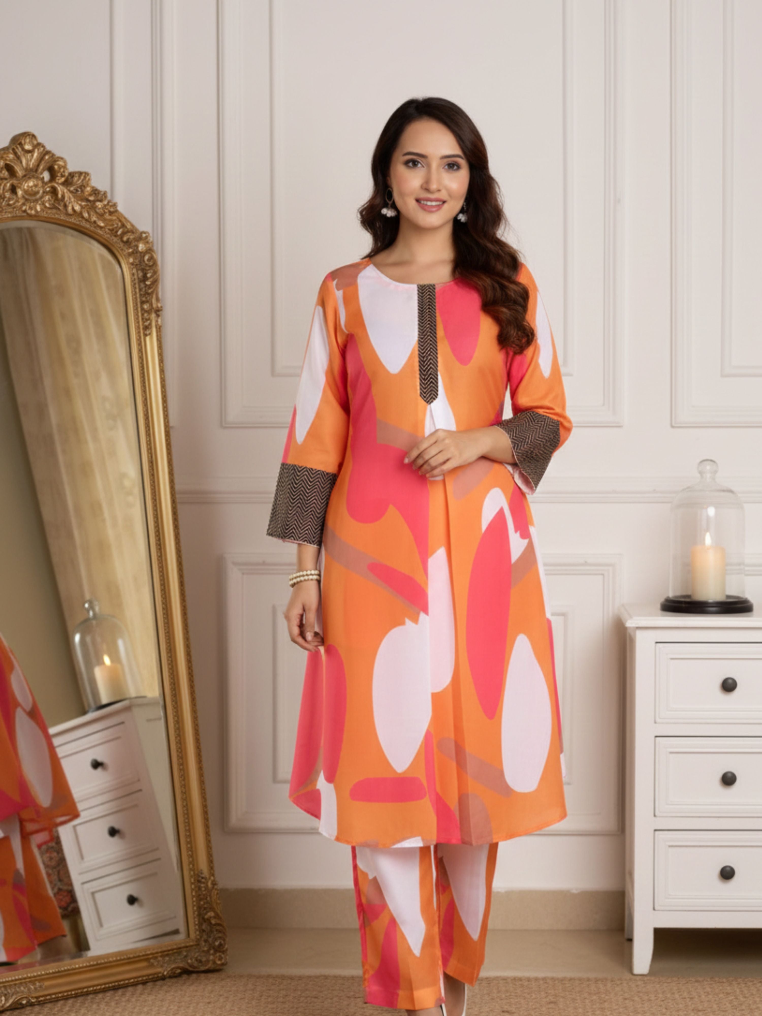 Abstract Canvas Co-Ord Set With Ajrakh Details