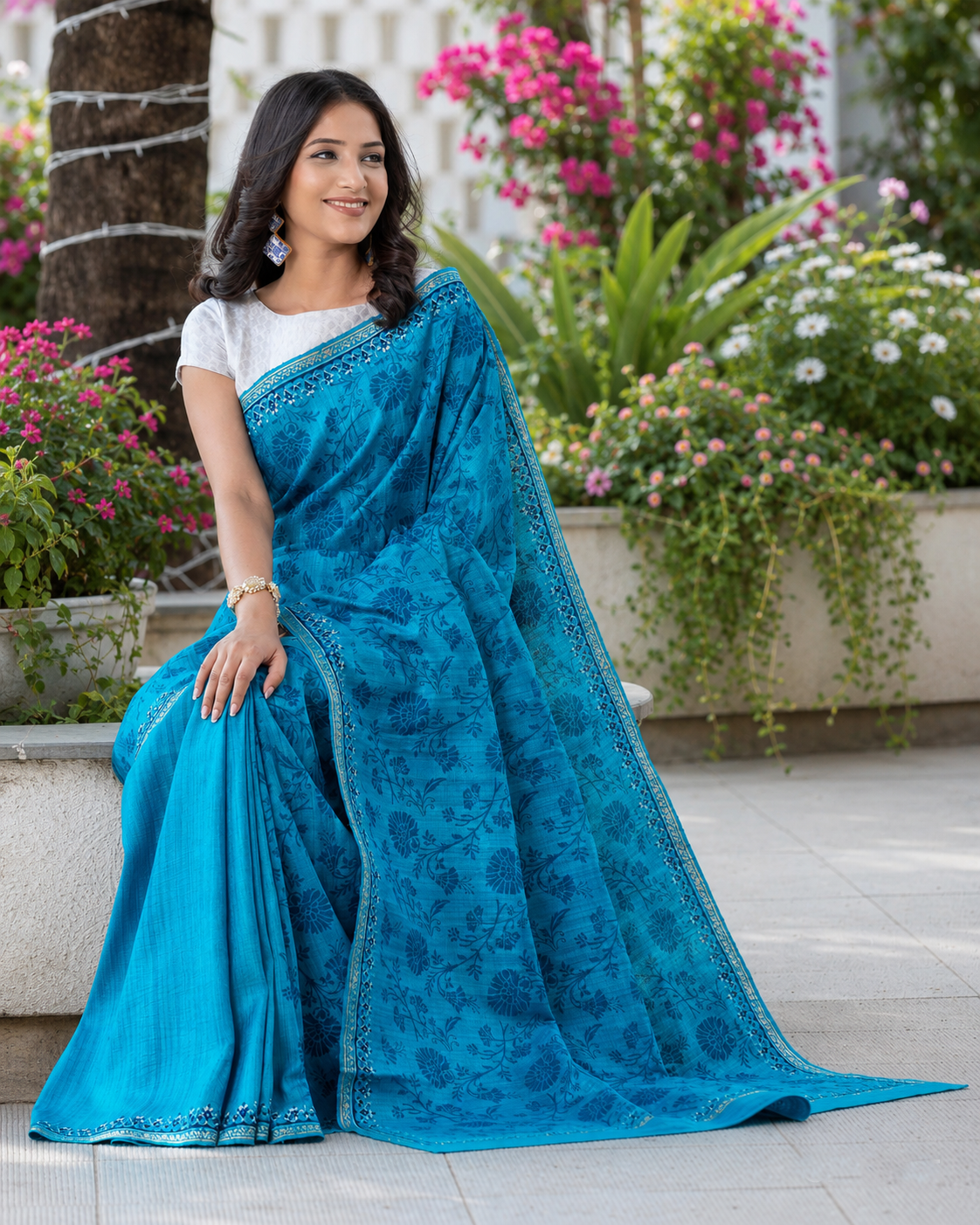 Creamy Skyful - Pure Ghicha Silk Block Print Saree