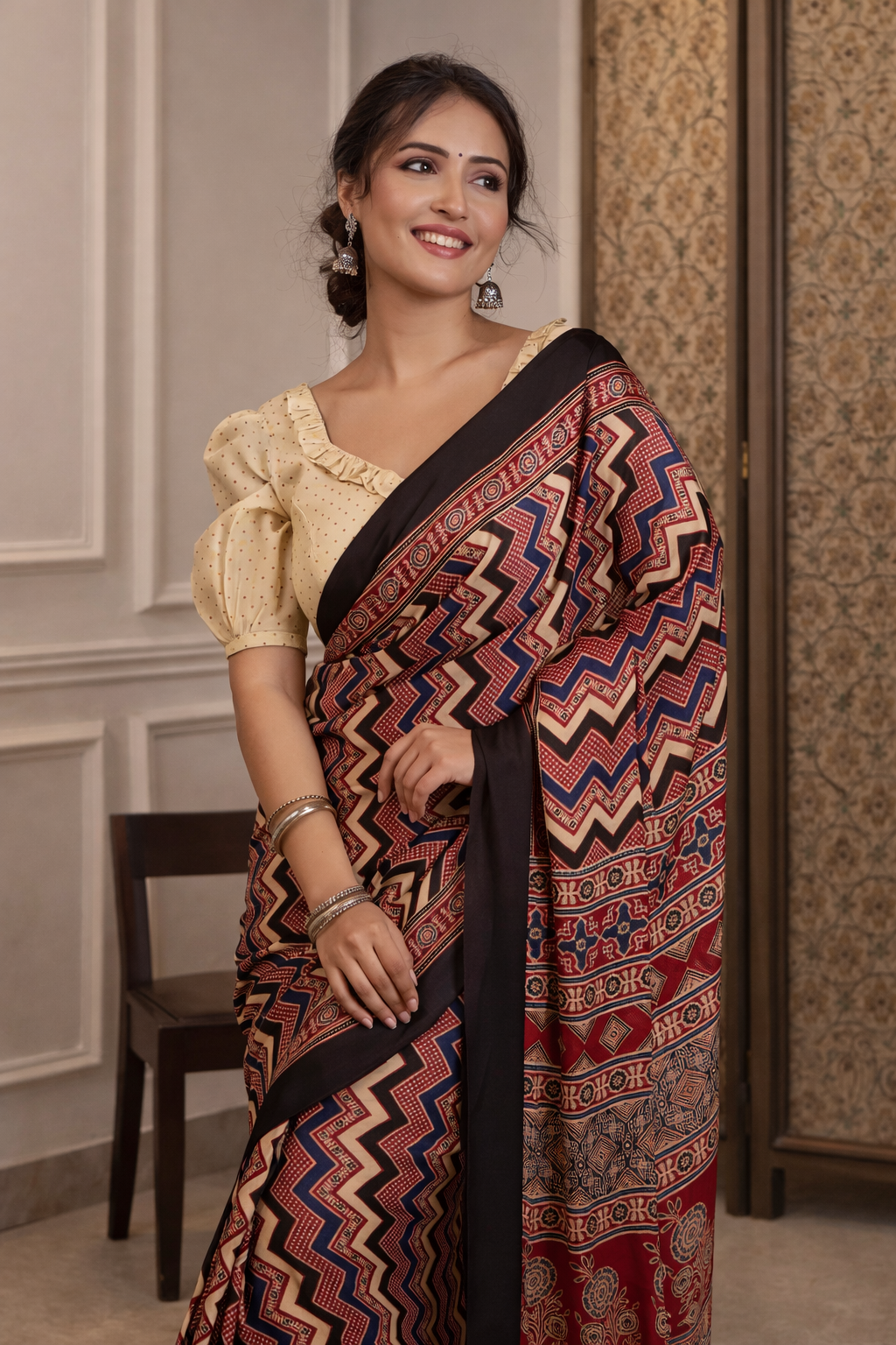 Crimson Charm Silk Modal Ajrakh Saree