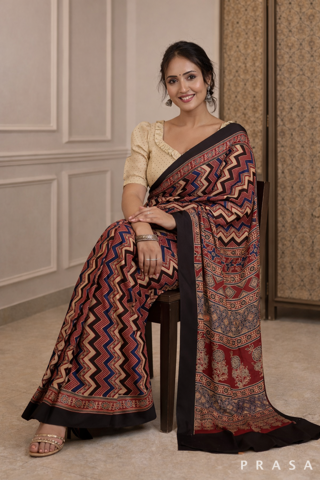 Crimson Charm Silk Modal Ajrakh Saree