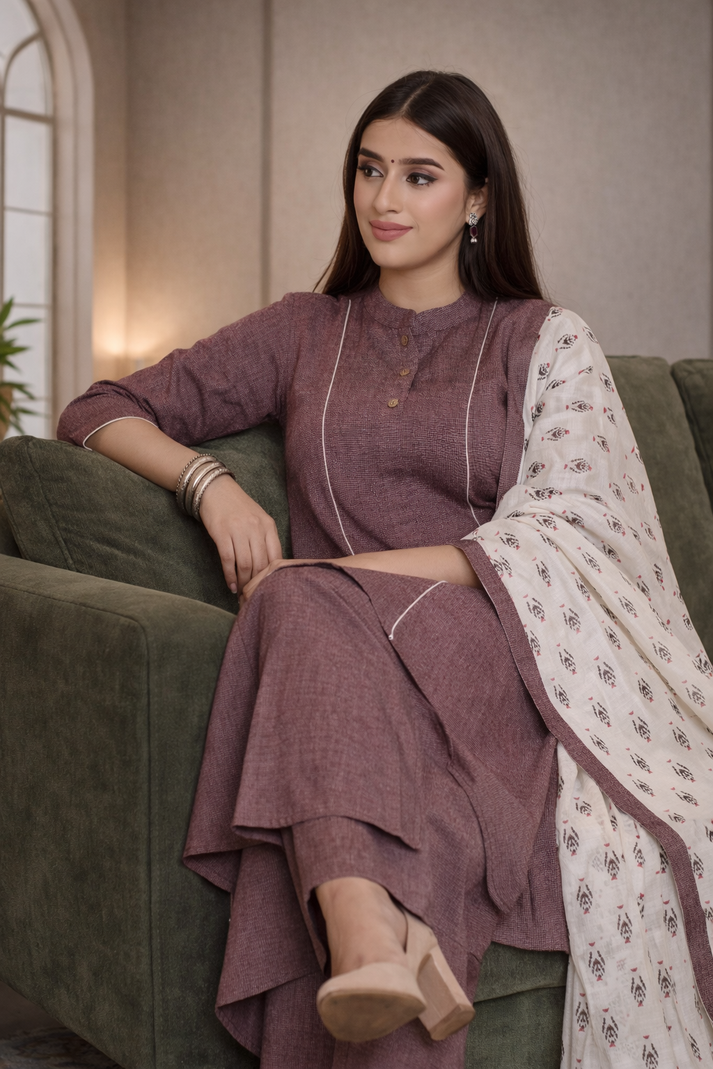 Earthy Violet Classic Handloom Kurta set (optional block printed dupatta)