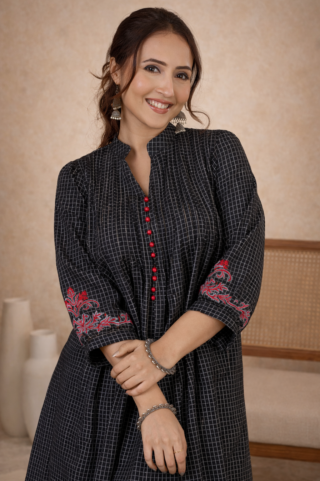 Embroidered Elegance Black Checks Pleated Kurti