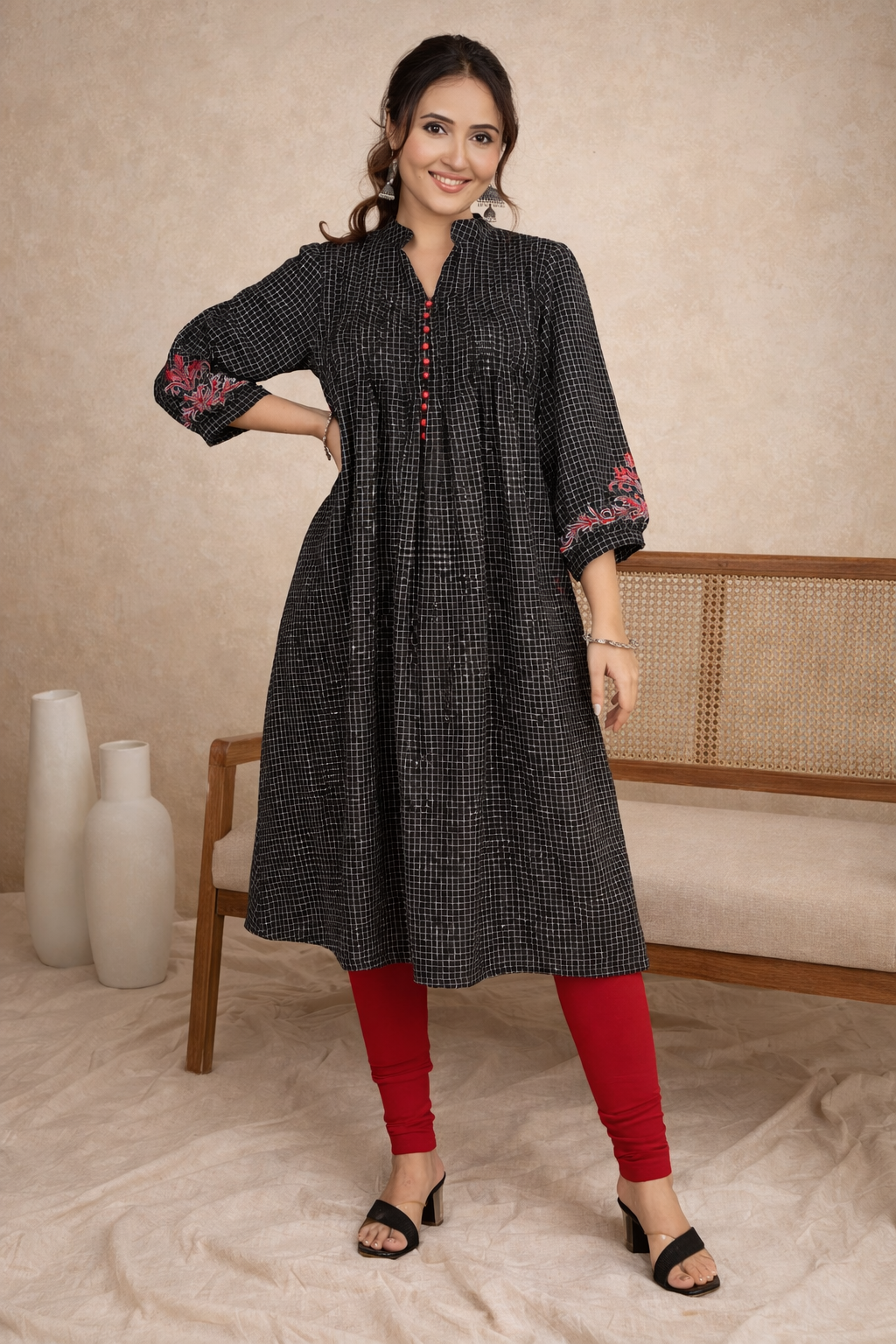 Embroidered Elegance Black Checks Pleated Kurti