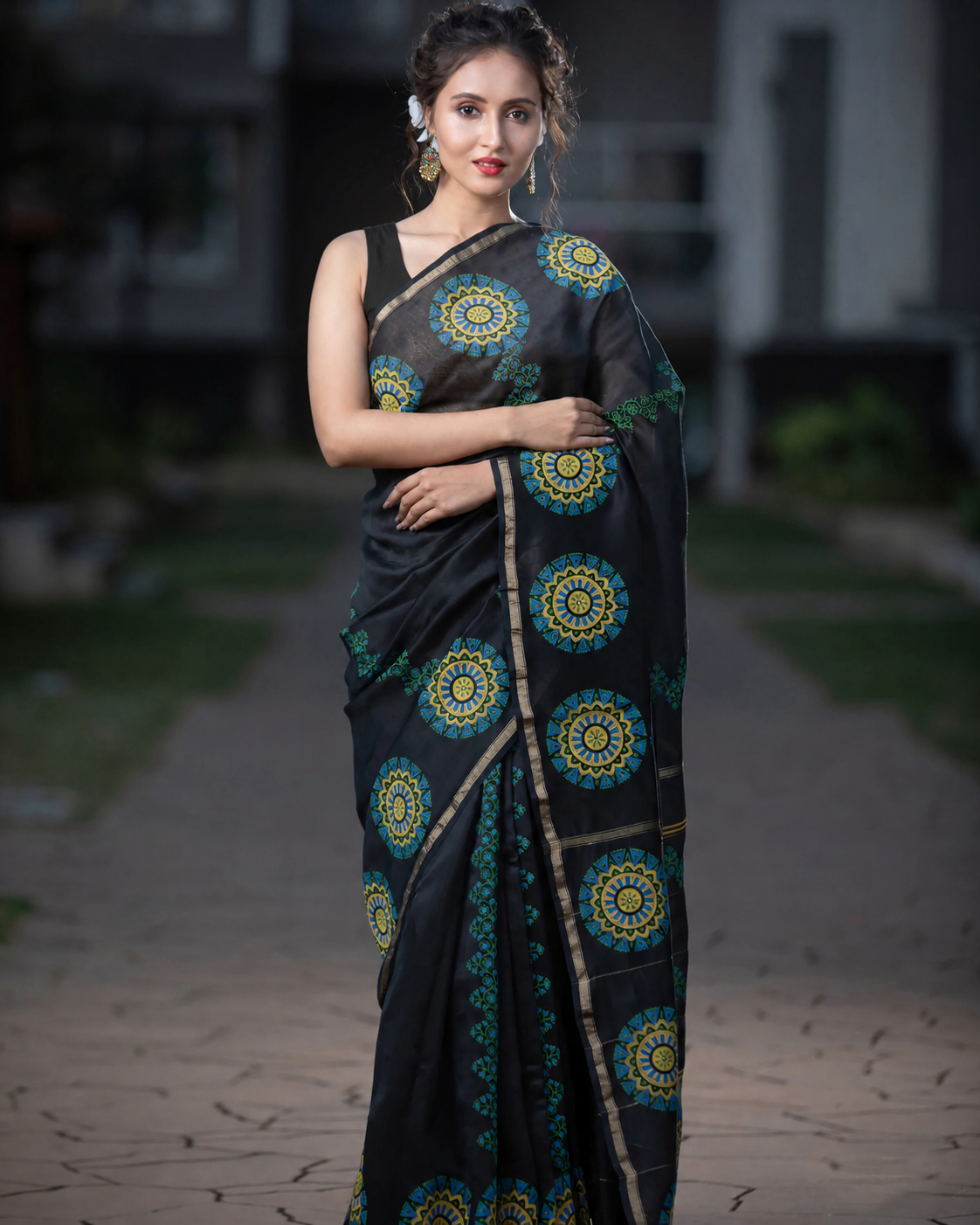 Exquisite Ebony-Chanderi Block Print Saree