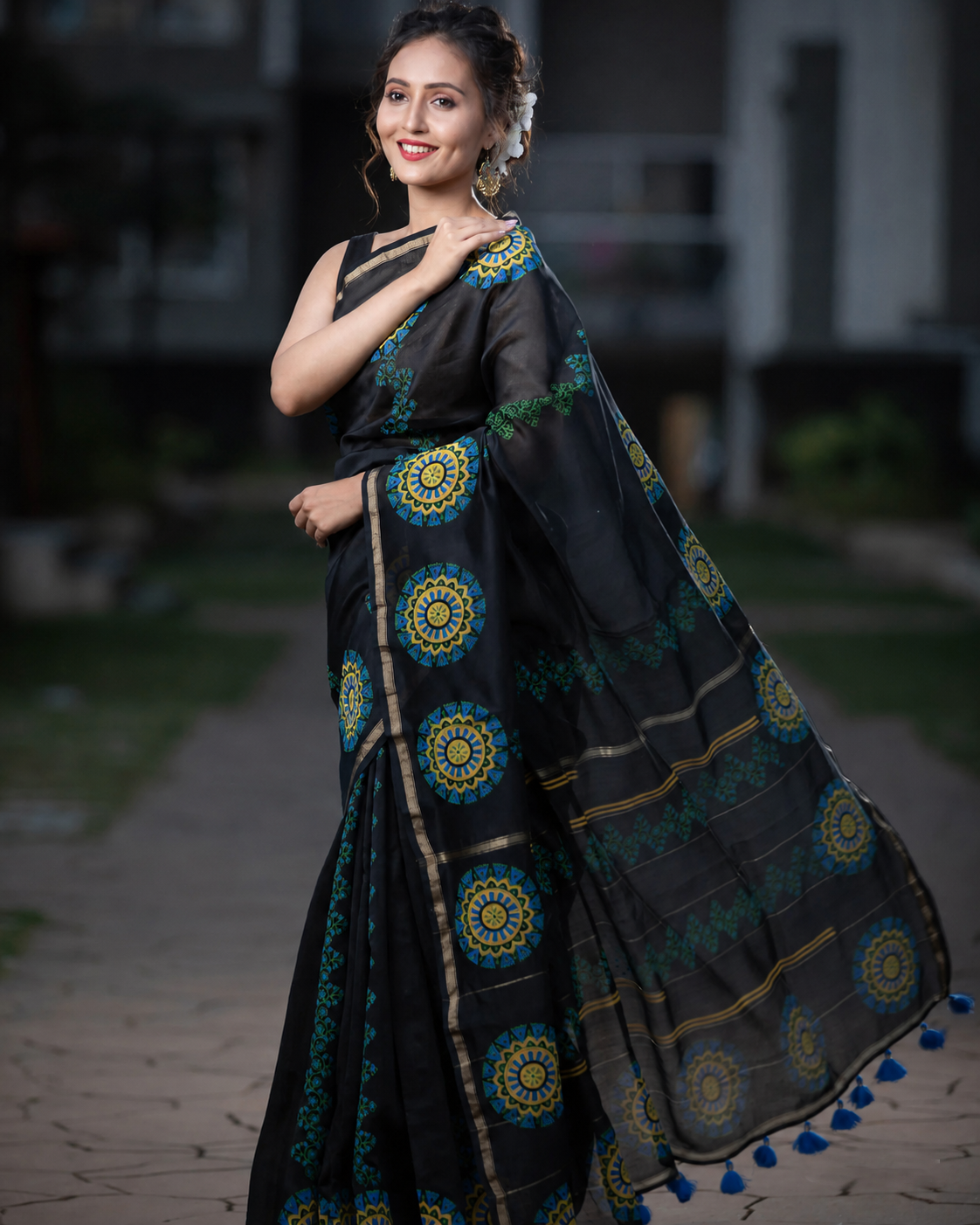 Exquisite Ebony-Chanderi Block Print Saree