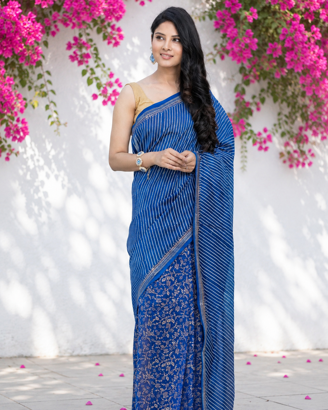 Ethnic Navy Chant - Chanderi Block Print Saree