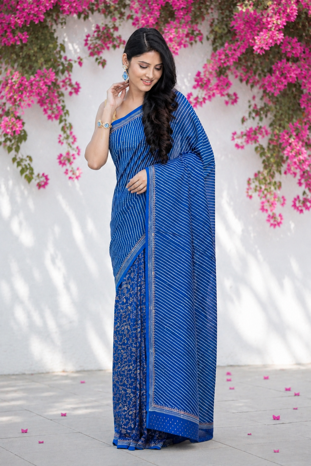 Ethnic Navy Chant - Chanderi Block Print Saree