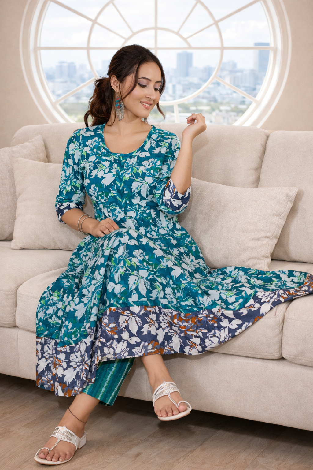 Flared Teal Fusion Cotton Kurti Set