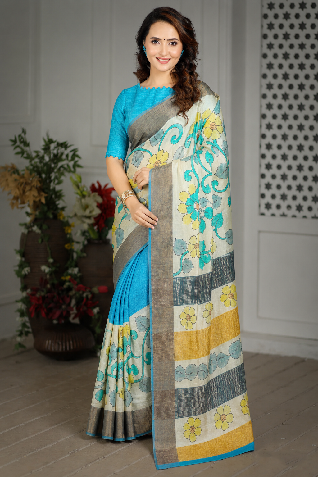 Forest Wild Kalamkari Tussar Silk Saree