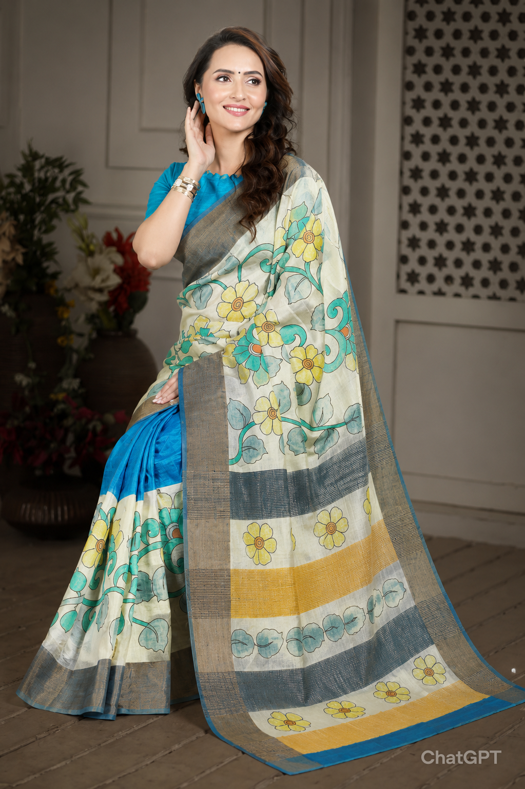 Forest Wild Kalamkari Tussar Silk Saree