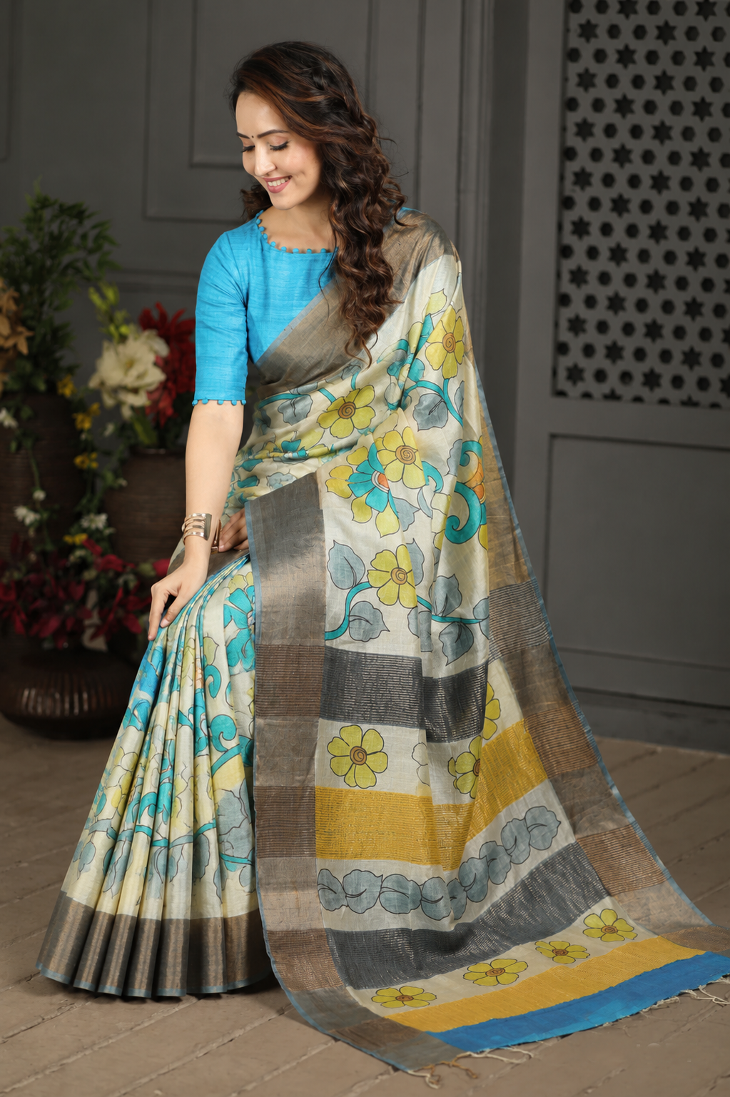 Forest Wild Kalamkari Tussar Silk Saree
