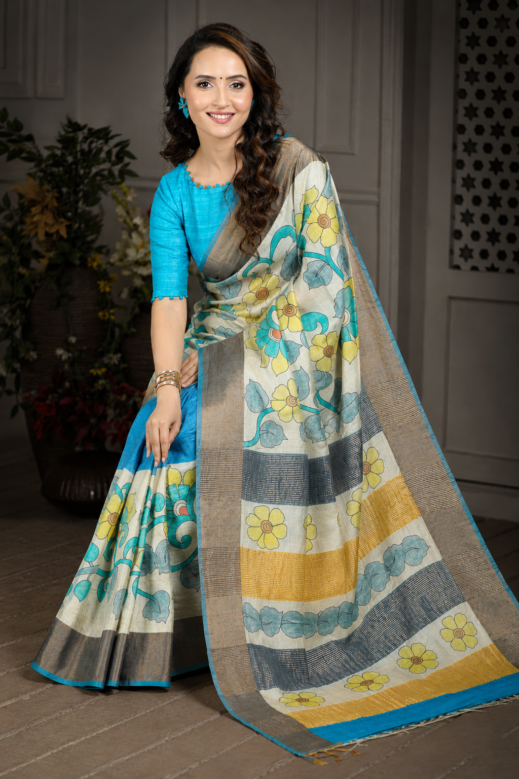 Forest Wild Kalamkari Tussar Silk Saree