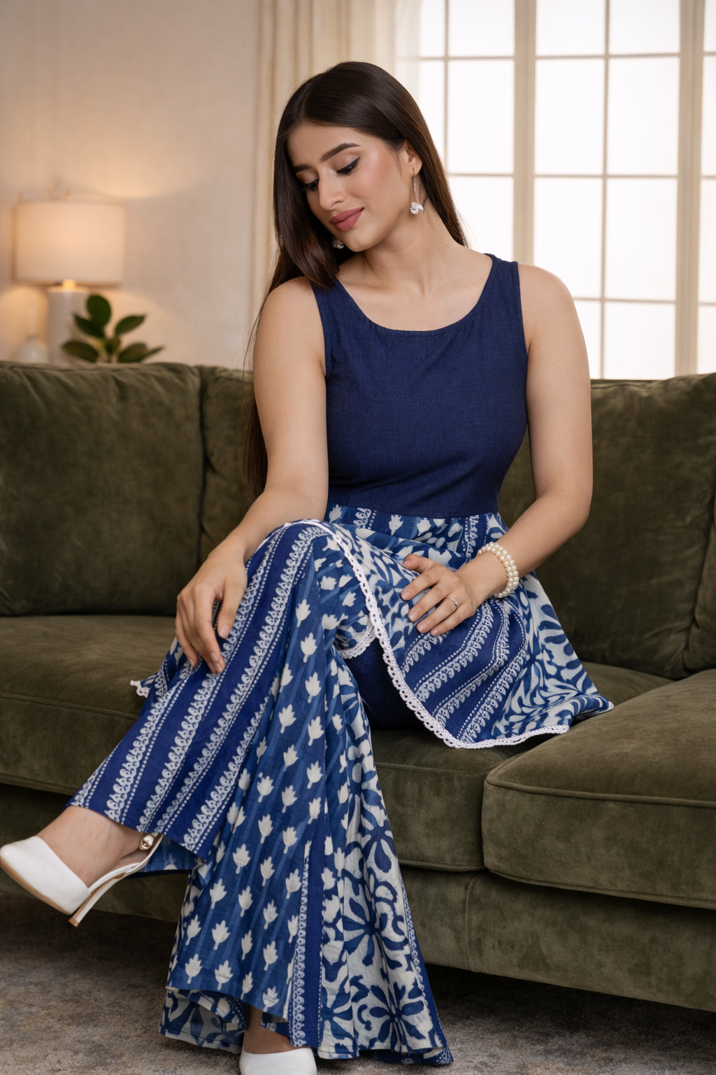 Indigo Dreams Bagru Handloom Mix and Match Kurti Set with Lace Trims