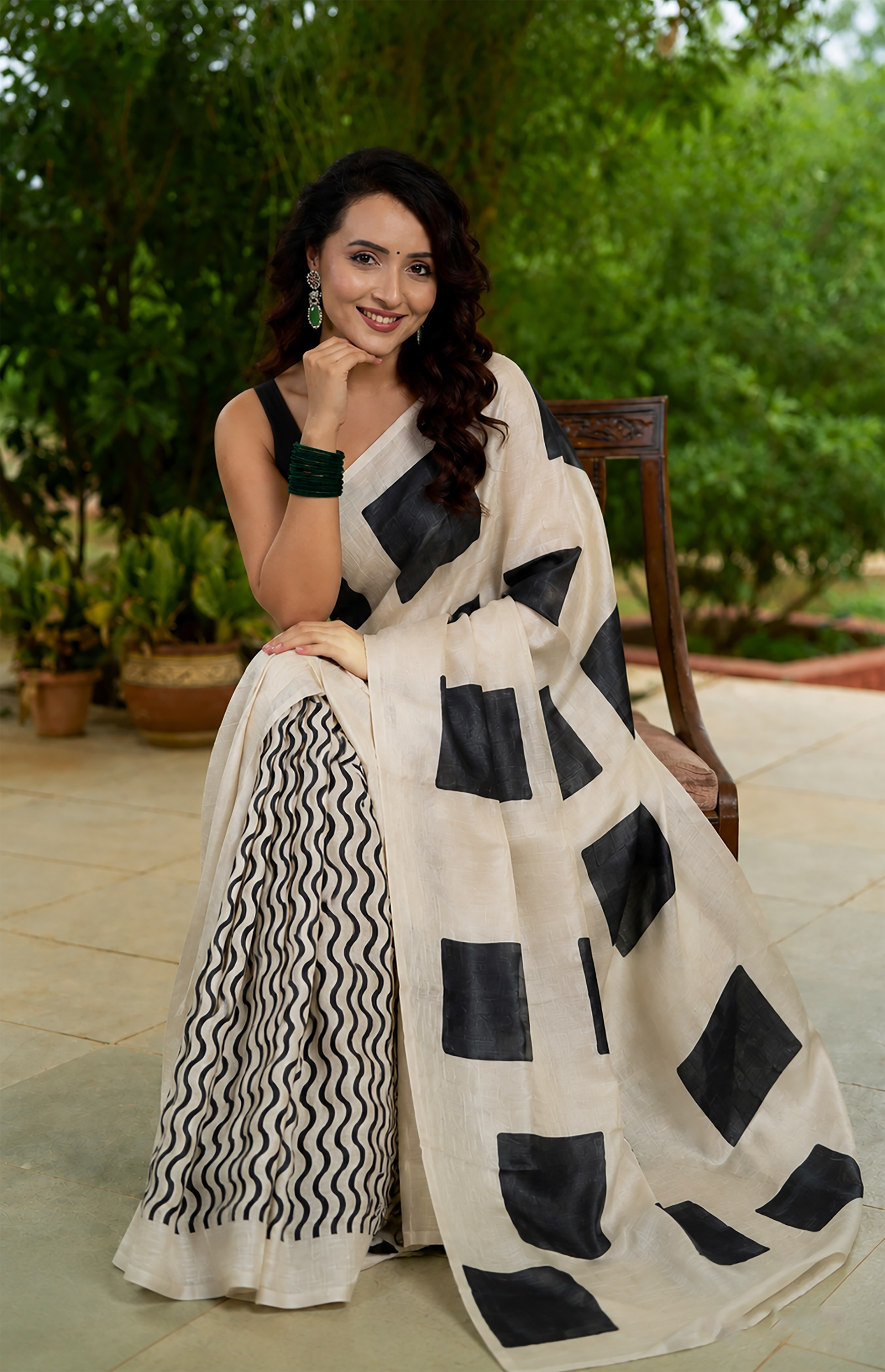 Ink and Ivory Handpainted Silk Saree