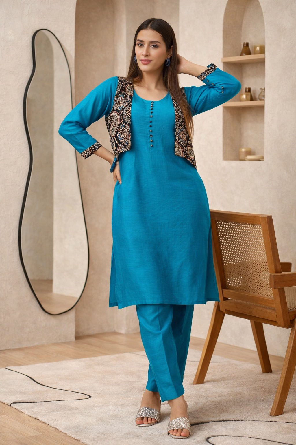 Lagoon Luxe Silk Kurta Set with Half Jacket