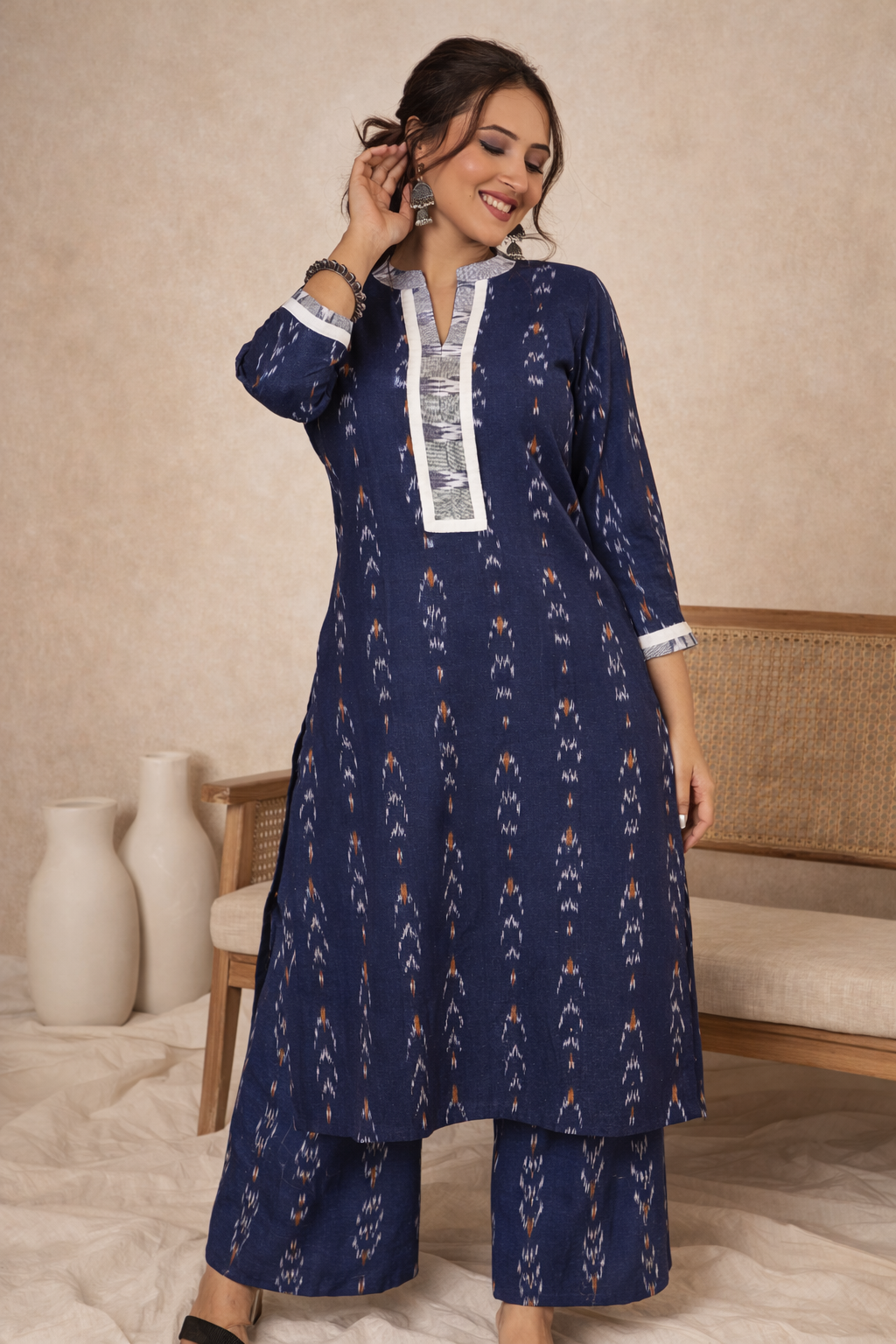 Navy Blue Cotton Ikat Kurta Set