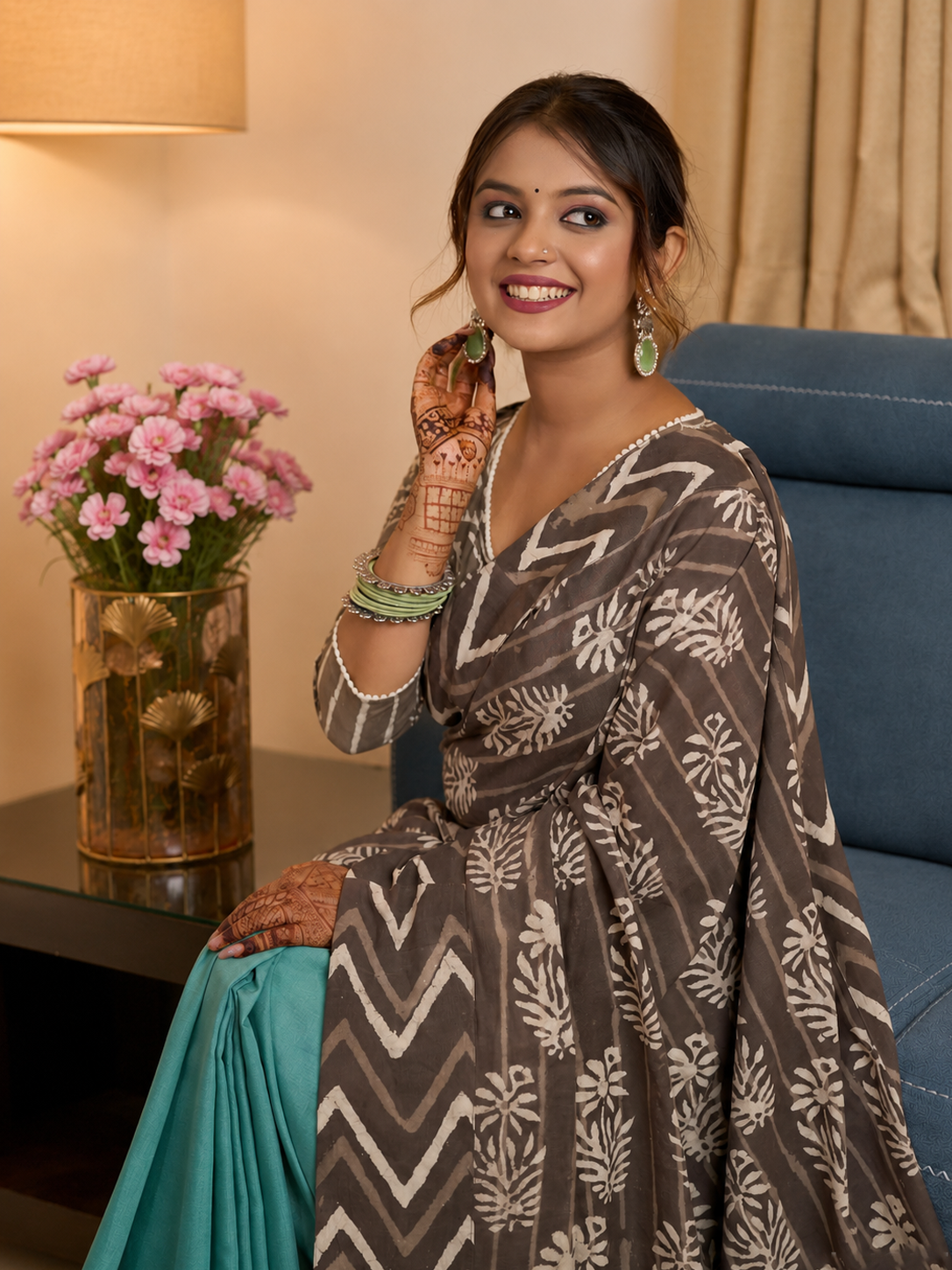 Powder Blue Bagru Fusion Delight Cotton Saree