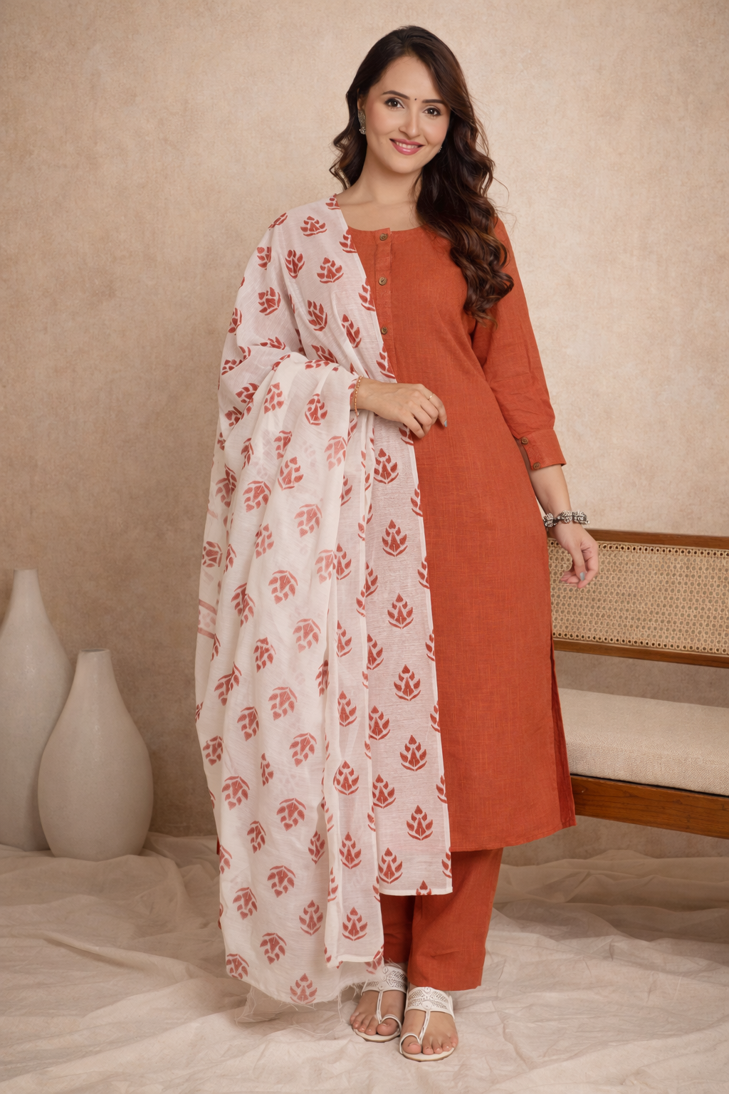 Rust-Coloured Slub Cotton Set (Optional Dupatta)