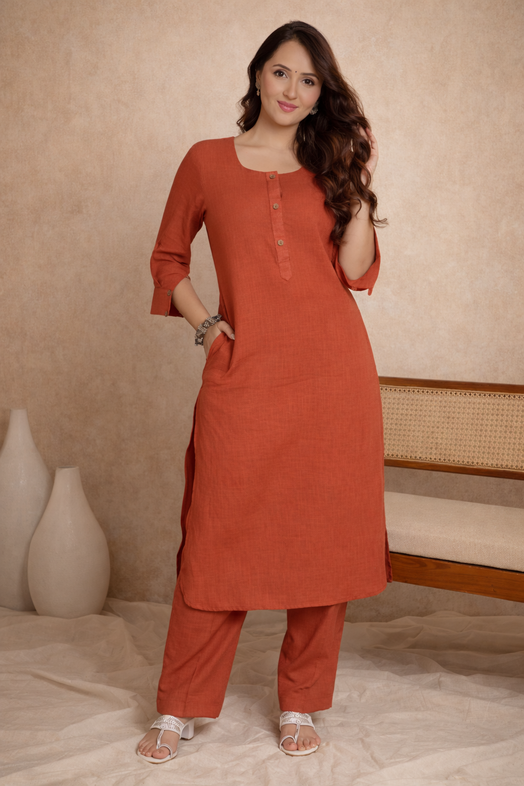 Rust-Coloured Slub Cotton Set (Optional Dupatta)