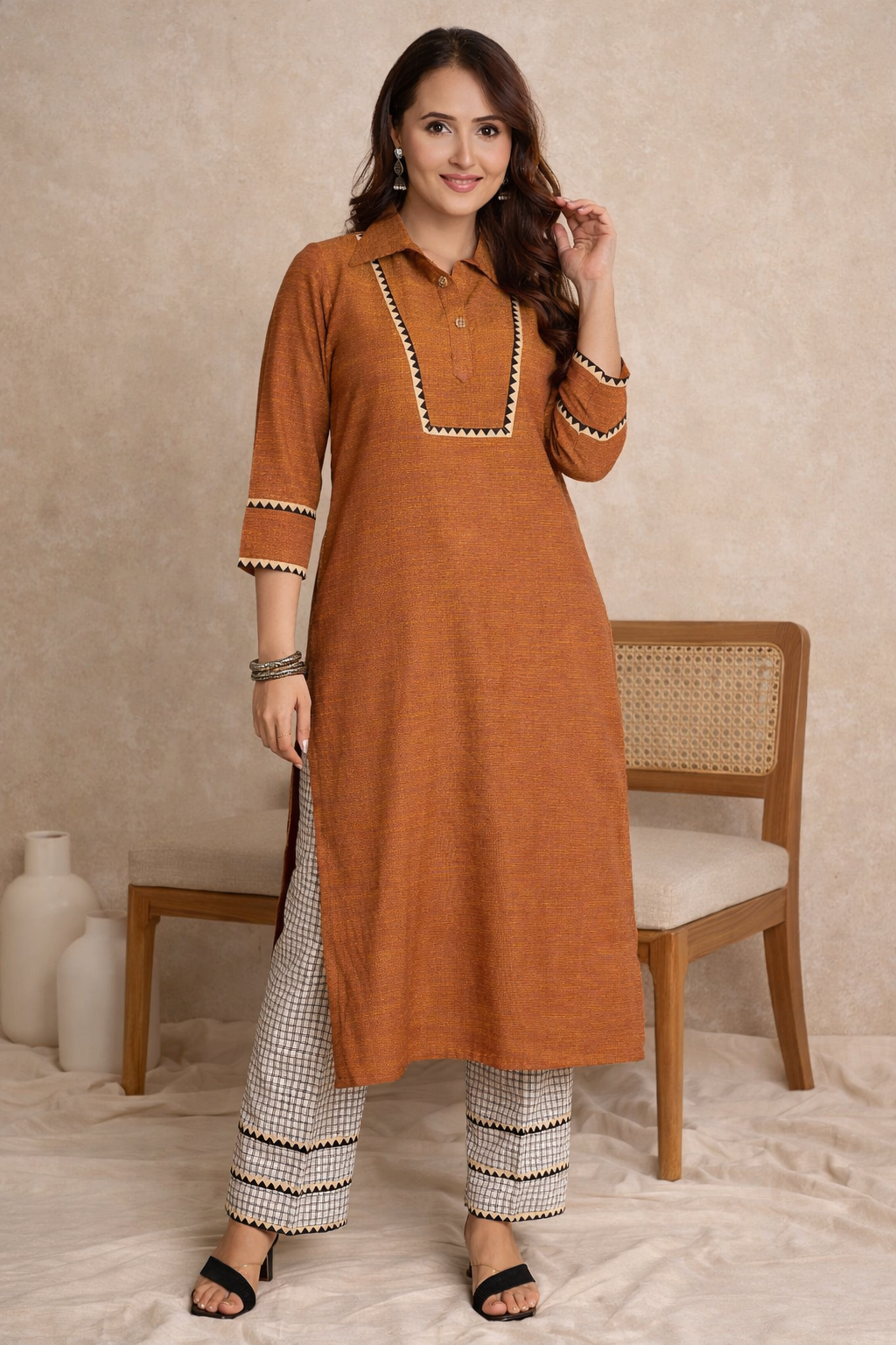 Rust Reverie Kurta With Checkered Pants