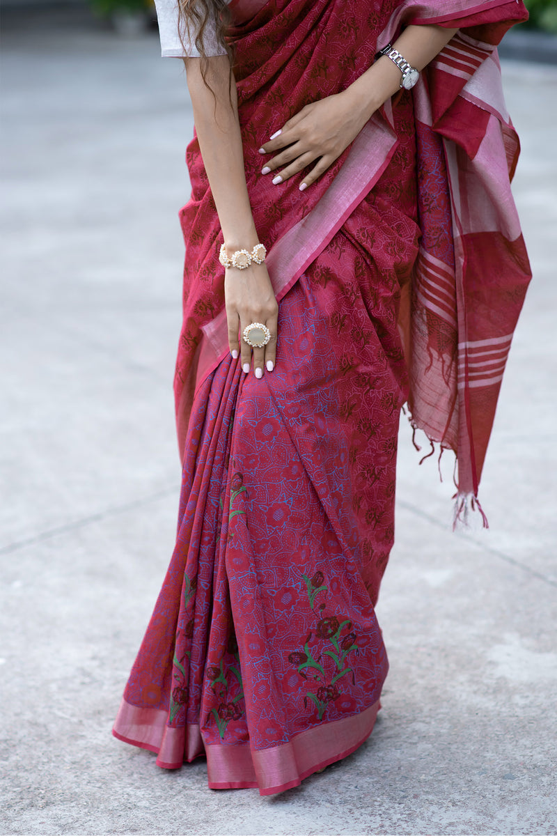 Melodic Maroon Cotton handblock print Saree Prasamcrafts Handcrafted Festive Workwear Dailywear