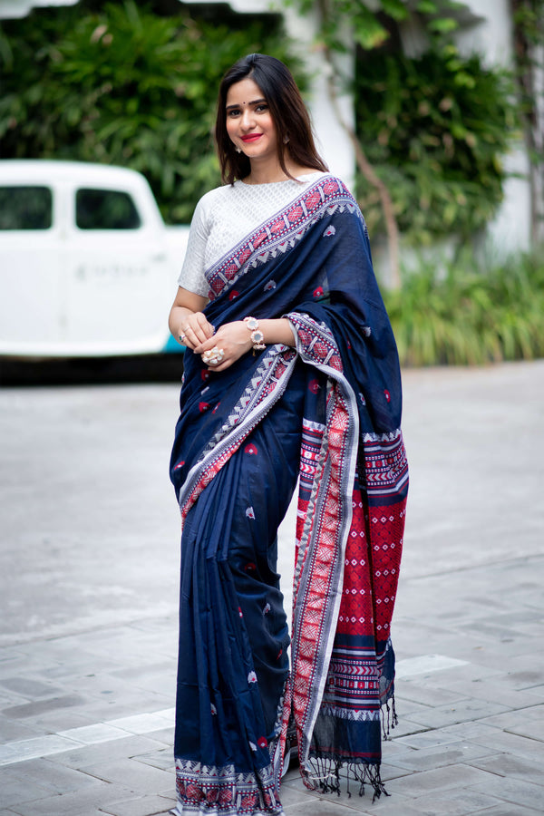 Saviour Blue - Cotton Handwoven Saree Prasam Crafts