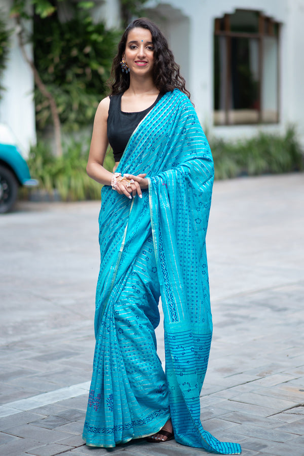 Patterned Sky Cotton handblock print Saree Prasamcrafts Handcrafted Festive Workwear Dailywear