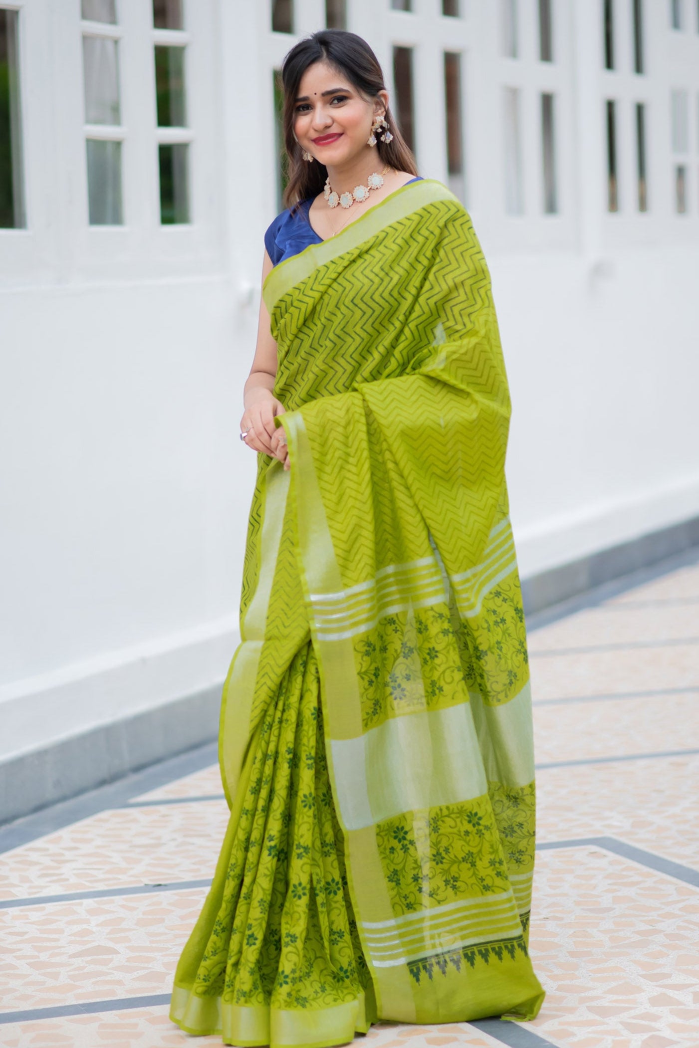 Lime Gush Cotton handblock print Saree Prasamcrafts Handcrafted Festive Workwear Dailywear