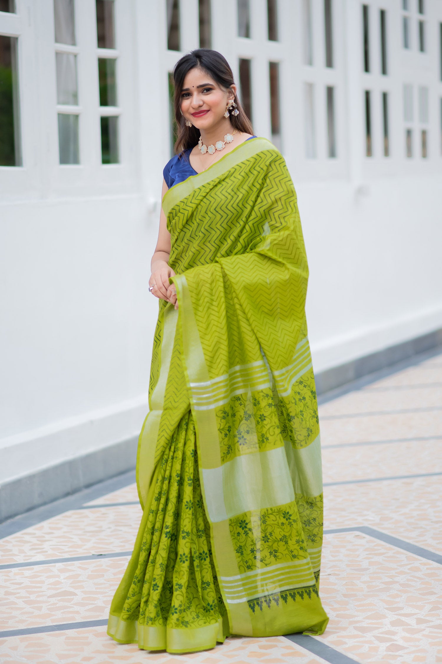 Lime Gush Cotton handblock print Saree Prasamcrafts Handcrafted Festive Workwear Dailywear