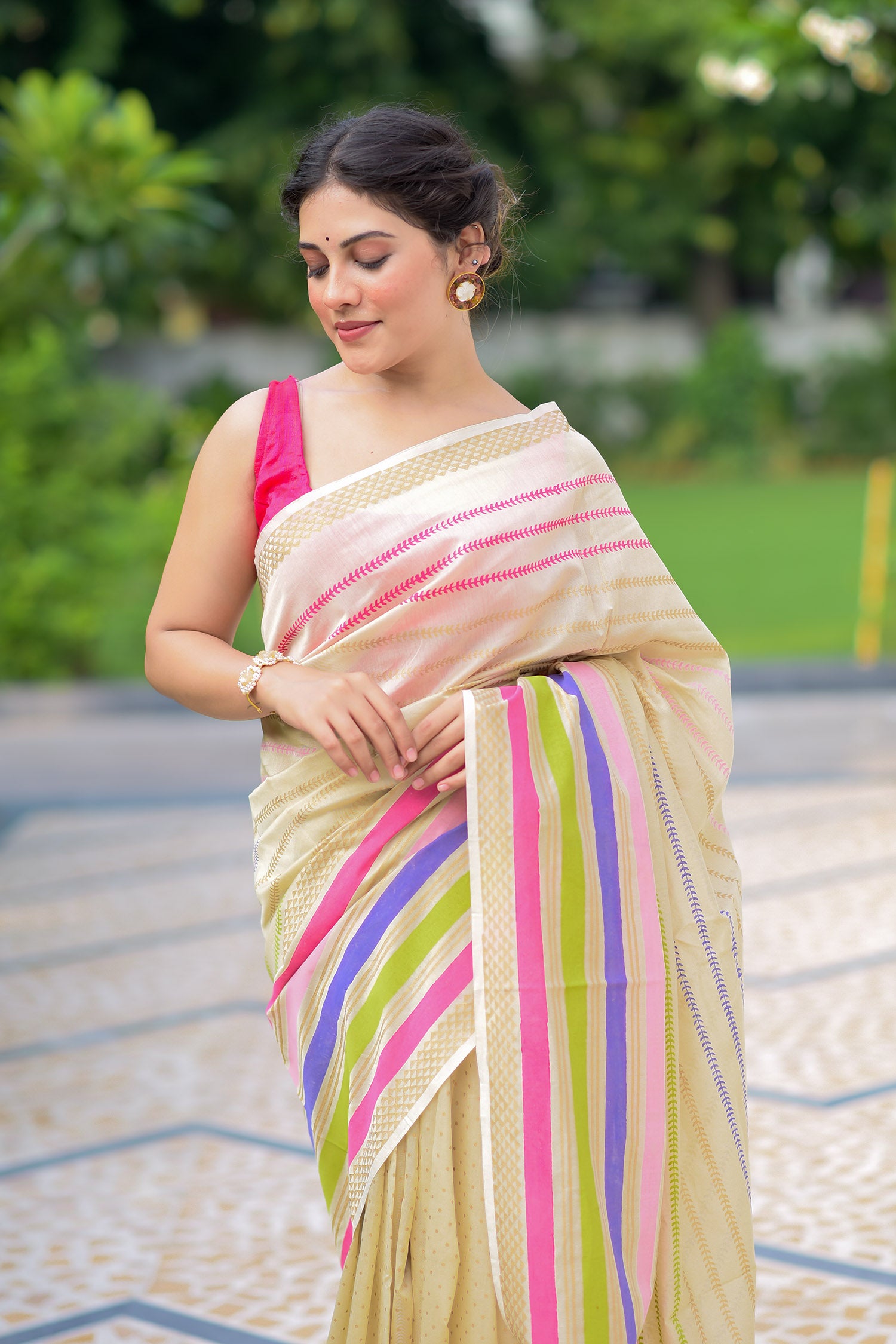 Sweet Stripes Chanderi Handblock Print Saree Prasamcrafts Handcrafted Festive Workwear Dailywear