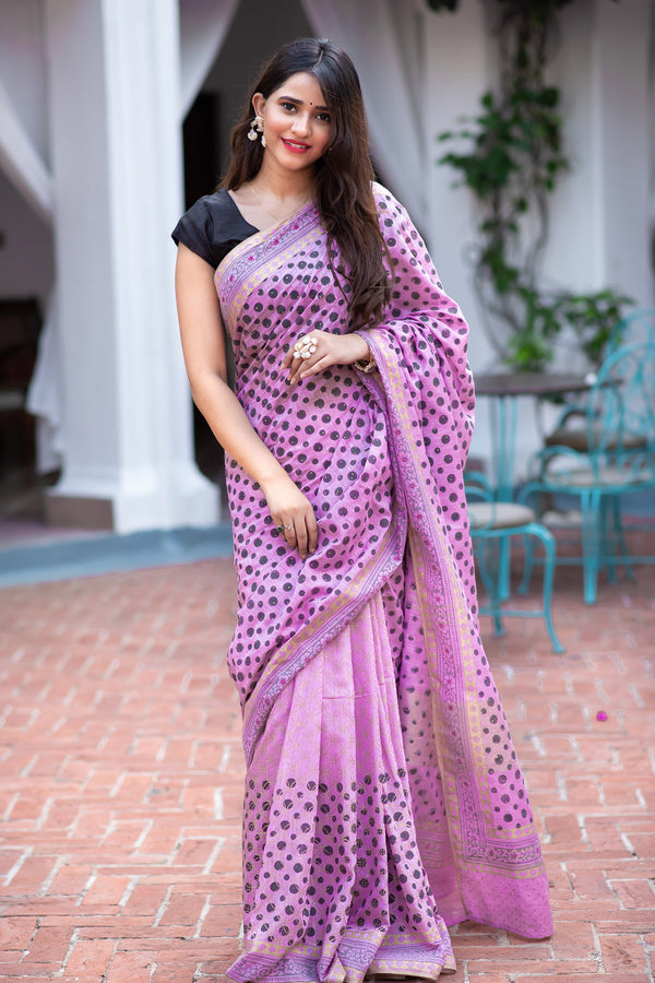 Lilac Gild Cotton handblock print Saree Prasamcrafts Handcrafted Festive Workwear Dailywear